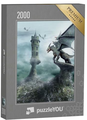 puzzleYOU: Puzzle 2000 Teile „Von Drachen bewachter Turm“ – aus der Puzzle-Kollektion Drache, Tiere aus Fantasy & Urzeit