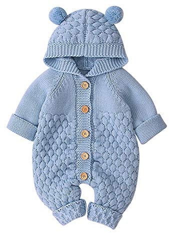 Neugeborene Baby Mädchen Jungen Kleidung Langarm Gestrickt Kapuze Strampler Body Overall Jacke Frühchenkleidung Erstausstattung Babysachen Set Herbst Winter Babykleidung Hellblau 0-6 Months