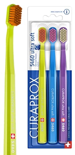 Curaprox Zahnbürste Set CS 5460-3er-Pack Ultra Soft Handzahnbürste für Erwachsene 5460 mit super weichen CUREN Borsten - Grün, Blau, Lila