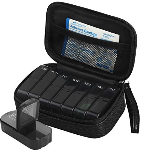 Pill Box 7 Day 2 Times a Day Weekly Pill Organiser with Portable Zipper PU Leather Bag BPA Free AM PM Travel Pill Dispenser for Medication Capsule Vitamins Fish Oils (Black)