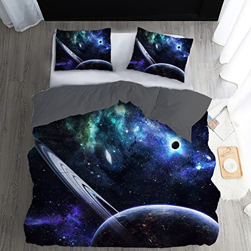 WQIZXCW 3D Weltraum Bettwäsche 140x200, Sternen Galaxie Planeten WendeBettwäsche 2 Teilig - 110gsm Microfaser, Weiche und Angenehme Bettbezug Set mit Reißverschluss, 1 Kissenbezug 70x90 cm