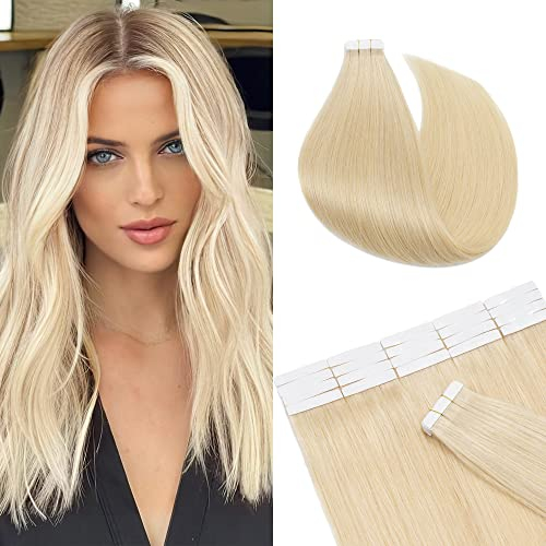 SEGO Echthaar Tape in Extensions Haarverlängerung Invisible Seamless Haarteile Skin Weft Menschenhaarverlängerung Klebestreifen Hellblond#613 30 cm (20 Stück)