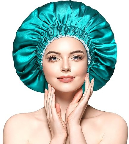 mikimini Satin Bonnet Silk Bonnet for Women, Double-Layer Large Sleeping Hair Bonnet for Long Curly Hairs and Braids, Hair Wrap for Sleeping with Elastic Band 2 Packs