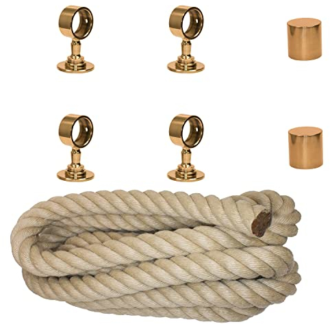 Handlaufseil Set 30mm - bestehend aus 2 Endkappen 4 Seilträger Messing glänzend und 4m Nature Touch Handlaufseil naturfarben