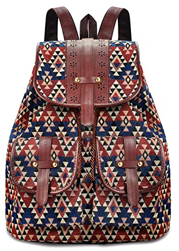 Vintage Frau Leinwand Rucksack Bohemien Mädchen Schultasche Mode Braun Rucksack mit Kordelzug Elegant Casual Daypack Geometrisches Muster der Dreiecksraute Outdoor Freizeit