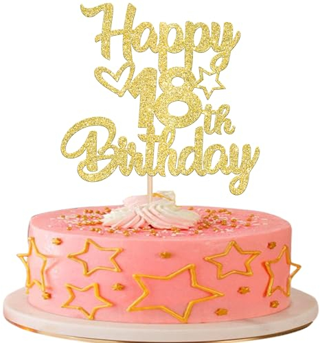 SYKYCTCY 1 Pack Happy 18th Birthday Cake Topper Glitter Heart Star 18 Fabulous Cake Pick Birthday Sign Cake Decorations for 18th Birthday Theme Party Supplies Gold