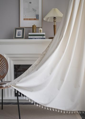 iyoimono Boho Vorhänge 2er Set Elfenbein Vintage Vorhänge Landhausstil Häkeln Stricken Gardinen,Baumwolle Leinen Quaste Transluzente Verdunklung Gardinen für Küche Wohnzimmer Schlafzimmer,B150×H240cm