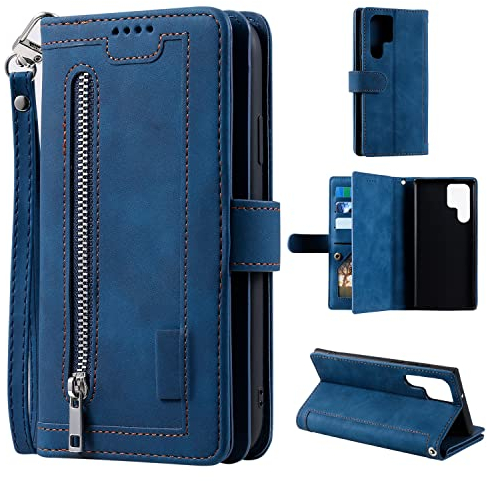 EYZUTAK Handyhülle für Samsung Galaxy S23 Ultra,Flip Case Lederhülle Reißverschluss Magnetverschluss Brieftasche mit 9 Kartenfächern Standfuntion Retro Matt Ledertasche-Blau