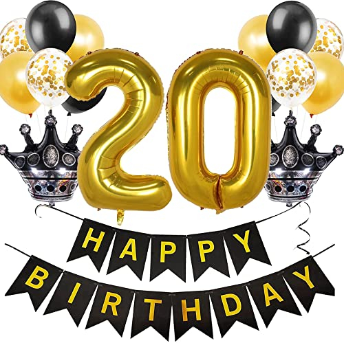 Feelairy Happy Birthday 20. Geburtstag Deko Mädchen, Schwarz Gold Ballon Set mit Banner, Luftballons, Kronenballons, Latexballons, Konfetti-Ballons und Bändern