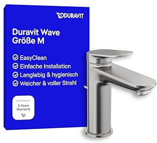 Duravit Wave Waschtischarmatur, Größe M (Auslauf Höhe 111 mm), Wasserhahn Bad mit Zugstangen-Ablaufgarnitur, Armatur Waschbecken, Edelstahl Gebürstet