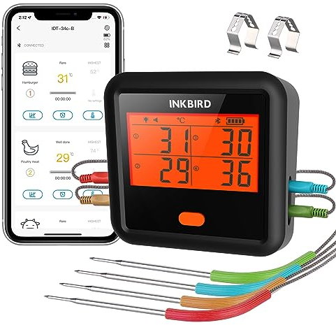 Inkbird Grillthermometer IDT-34C, Digital Grillthermometer Bluetooth mit 45M Verbindungsentfernung, Grillthermometer Kabellos mit Tempalarm, Ofenthermometer Fleischthermometer für Grill, Backen, BBQ