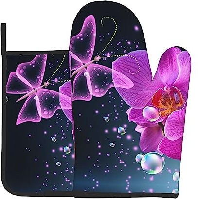 Topflappen und Topflappen Set – Wasserdichter Stoff mit hitzebeständiger Isolierung, lila Schmetterlings- und Blumendruck