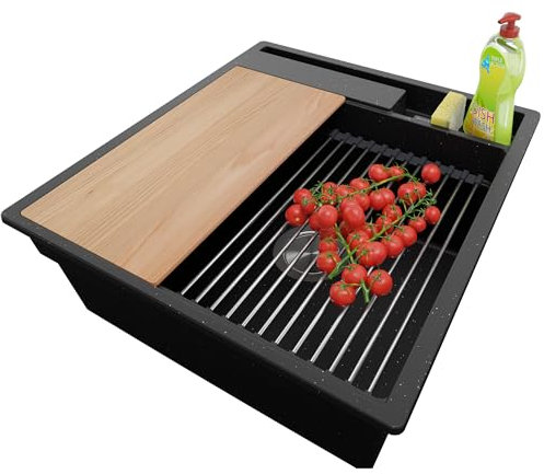 PRIMAGRAN Evier Cuisine en Granit Noir Métallisé 48x53cm, Lavabo 1 bac + Kit de Vidage + Accessoires, Évier à Encastrer au meuble 50cm - Oslo Pocket