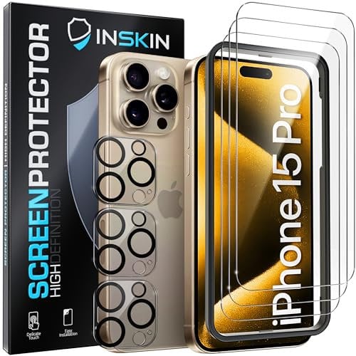 Inskin Tempered Glass Screen Protector for iPhone 15 Pro 6.1 inch [2023] - Ultimate 3+3 Bundle with Camera Lens Guard and Auto Alignment Tray - Ultra HD, Case Compatible