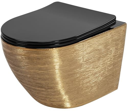 Rea Taza de Inodoro Carlo Cepillo Plano Taza de Inodoro de Cerámica Dorada - Asiento de Duroplast con Cierre Suave - Descenso Automático con Cierre Suave (Oro/Negro)