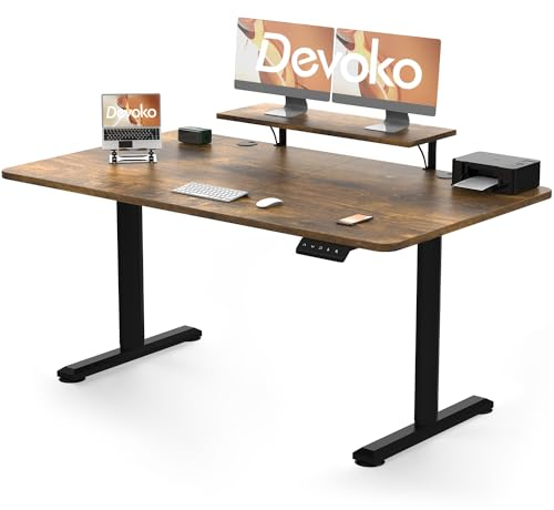 Devoko Höhenverstellbarer Schreibtisch Elektrisch 160×70cm mit Monitorständer, Schreibtisch Höhenverstellbar Elektrisch mit 2 Höhen Memory-Steuerung, Ergonomisches Sitz-Stehpult (Vintagebraun)