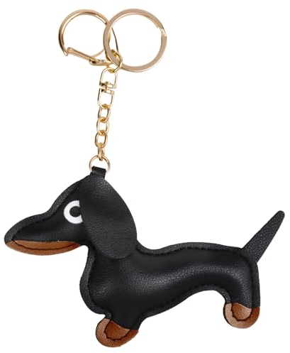 Porte-clés Chien en Cuir Porte-clés Teckel Décoration Cadeau Anniversaire Noël Nouvel An (Noir)