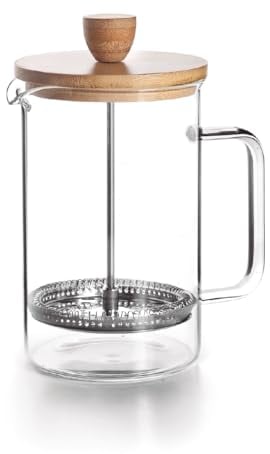 LACOR - 62161 - Cafetera Francesa Wood, Cafetera Prensa Francesa, Filtro de Acero Inoxidable, 8 Tazas, Acero Inoxidable y Madera de Bambú, 1L