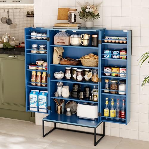 HOLTICO Akzent Holzküchenvorratsschrank mit Türen, Küchenschrank mit verstellbaren Regalen, Lebensmittelvorratsschrank für Küche, Esszimmer, Wohnzimmer und Garage, Metallbeine,Blau