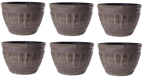 Jinfa 6er-Set Pflanzkübel aus Kunststoff in Weinfass Holzoptik bottich Miniteich | Farbe: Eiche | Design: Weinfass | Ø 38 cm