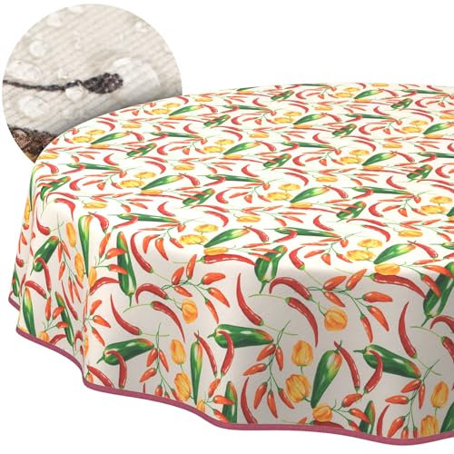 Tischdecke Stoff abwaschbar Tischtuch Tafeldecke pflegeleicht Lotuseffekt schmutz- & wasserabweisend für Indoor Outdoor Tischdecke Rund 140cm mit Saum (Eingefasst) Chili
