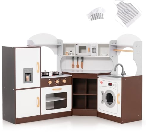 DREAMADE Kinderküche mit Licht und Sound, Kinder Küche Eckküche aus Holz mit Herd Spüle Backofen Waschmaschiene, Spielküche mit 14 TLG. Spielzubehör für Kinder ab 3 Jahren (Braun)