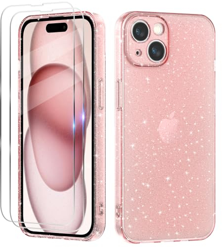 Coque Compatible avec iPhone 15, 2 Pièces Verre Trempé Protection Écran, Clair Housse à Glitter en Mince Silicone Souple Étui Antichoc Case Transparente Cover - Rose