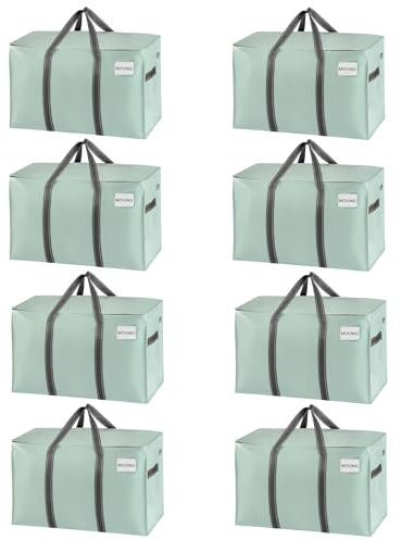 VENO 8 Pack Moving Bags and Large Christmas Storage Bins with lids. Alternative to Moving Boxes, Packing Supplies for College. Extra Large Heavy Duty Totes for Packaging (Shiny Light Green, 8 Pack)