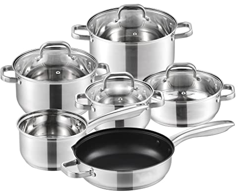 FEIGUO Juego de Utensilios de Cocina de Acero Inoxidable, Juego de sartenes de inducción de Seguridad de 10 Piezas, Cacerola Antiadherente con Tapa de Vidrio (D (D como Muestra la Imagen)