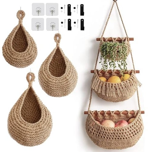 Felenny 4pcs Hanging Fruit Basket Set Boho Handwoven Wall Mounted Vegetable Basket Hanging Fruit Vegetable Storage Bohemian Home Decor Planter for Kitchen, Bedroom, Living Room, Porch