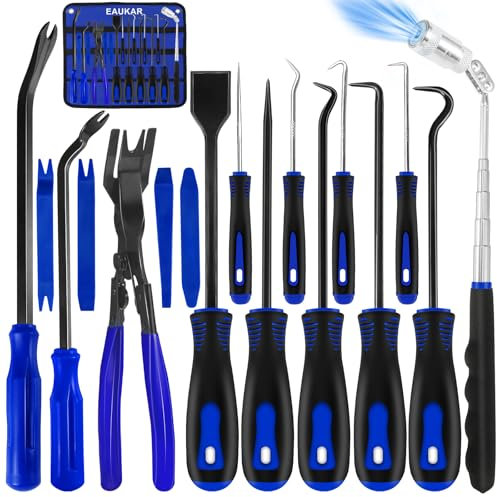 17 Pcs Hook and Pick Tool Set with Auto Clip Removal Plier Rivets Puller Mechanic Car Trim Removal Tool Kit for Oil Seal/O-Ring Seal Gasket Telescoping Magnetic Pickup Gasket Scraper(Blue)
