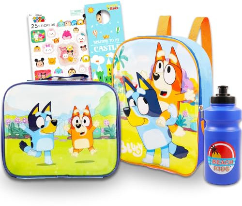 Disney Bluey Ensemble mini sac à dos avec boîte à déjeuner – Ensemble avec mini sac à dos Bluey de 27,9 cm, sac à déjeuner Bluey, autocollants, bouteille d'eau, plus | Sac à dos Bluey pour enfants,