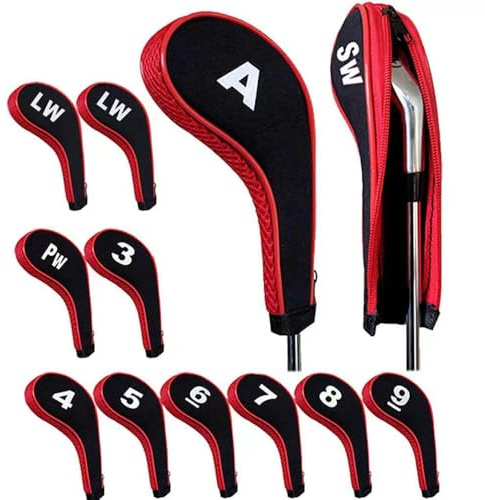 Scott Edward 12pcs Number Print Golf Club Irons Covers Neoprene Zippered Golf Wedge Covers with Long Neck Protective Mesh Golf Head Covers for Men Women Fit Most Standard Irons (Red)