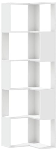 vidaXL Eckregal, Bücherregal Regal 5 Böden, Standregal Bücherschrank für Wohnzimmer, Aktenregal Büroregal Wandregal, Weiß Holzwerkstoff
