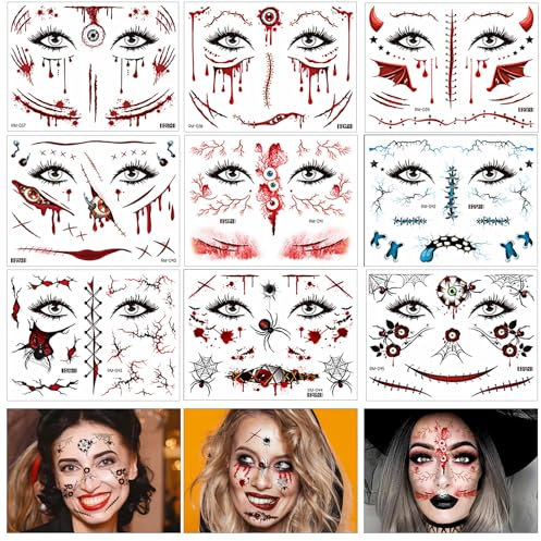 Kinwers Tatouage Halloween, 9 Feuilles tatouage halloween Pour Visage,Cicatrice Halloween,Fausse Cicatrice Halloween,Fausse Plaie Halloween,Cosplay Décoration Fête A