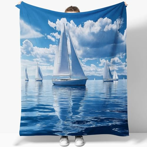 Schön Segelboot Wolken Kuscheldecke Flauschig Decke 70 x 100 cm Bequem und Atmungsaktiv Flanell Fleecedecke Blau Blanket Weich und Warme Birthday Deko Überwurf für Bett Sofa Schlafzimmer Büro
