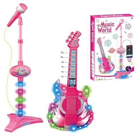Kids Guitar and Microphone Stand,Music Educational Toy | Guitar Toys with Music and Colorful Light Microphone with Adjustable Height Stand for Boy Girls