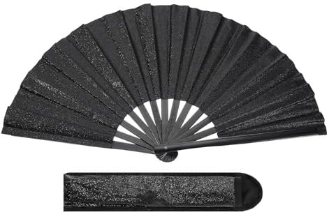 PATIKIL 13 Glitter Clack Rave Fan with Holster, Large Holder Folding Hand Fan Holder Handheld Fan for Women Edm Festival Club Party Dance, Black
