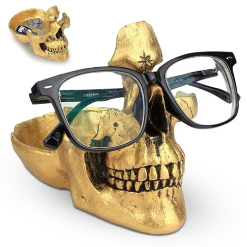 Schädel Brillenhalter Stand mit Storage Tray, Brillenhalter Im Totenkopf-Design, Harz Schädel Kopf Skulptur Statue Brillenhalter, Dekorativer Brillenhalter, Heimdekoration, Präsentationsständer (Gold)