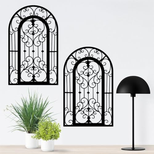 ruelen Wanddekoration aus Metall – Fensterbogen, Wandkunst, Wandpaneele aus geschnitztem Schmiedeeisen. Rustikaler Bauernhaus-Stil mit Medaillon-Schnörkel-Design für Wohnzimmer,Schwarz