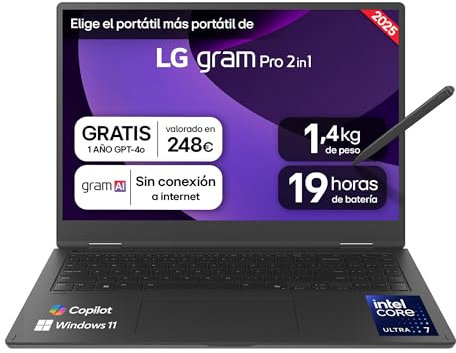 LG gram 16T90TP-K.AD88B Ordenador Portátil Convertible 16 Pulgadas Intel Core Ultra7 255H, 32 GB RAM, 1TB SSD, Panel OLED multitáctil, WQXGA+, 1.399 g, 19 Horas, Windows 11 Home, Teclado QWERTY