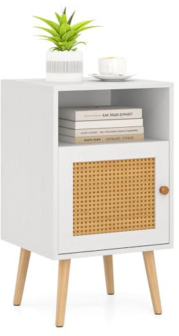 COSTWAY Nachttisch Rattan, Nachtschrank Holz, Beistelltisch mit offenem Regal & Tür, Sofatisch Landhausstil, ideal für Schlafzimmer und Wohnzimmer, 40 x 39 x 70cm (1, Weiß)
