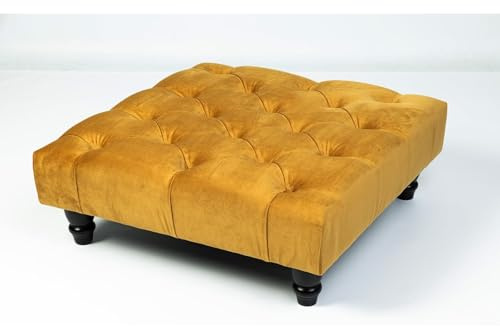 Kiswa collection Chesterfield Footstool - Plush Velvet Upholstered Pouffe with Wood Legs, Elegant Coffee Table Footrest, Matching Buttons, Stylish Home Decor (Mustard, 25D x 60W x 60H cm)