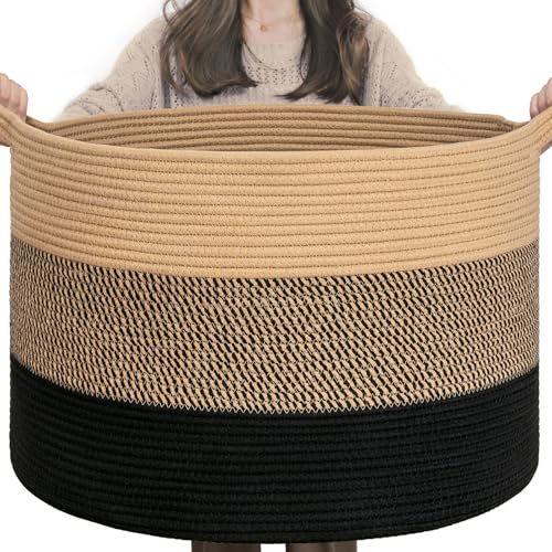 TIMEYARD XXXLarge Cotton Rope Basket Woven Baby laundry Blanket Basket for Living Room Decor, Toy Storage Baskets for Kids Boys Girls, 55x35cm, Black & Brown