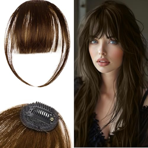 100% Echthaar-Clip-in-Pony für Damen – Natürlicher Look mit Pony, Schläfen, feinem oder geschwungenem Pony (Dunkelbraun)