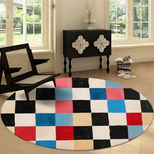 Retro Stil Waschbare Runde Teppiche 160 cm, Bunt Kariert Streifen Rutschfester Runder Läufer für das Wohnzimmer - Weicher Niedrigfloriger Teppich für unter den Esstisch
