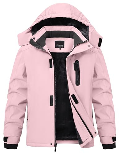 Buyboxs Girls Winter Jackets Fleece Lined Zipper Pockets Warm Waterproof Snowboard Coat for Kids Hardshell Ski Jacket with Hood Pink M (8-9)