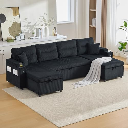 HMHKHN Wohnlandschaft U Form, Sofa mit Schlaffunktion, Schlafsofa mit Beidseitigen Chaiselongues, Samt, Integriertem Stauraum, Getränkehaltern, USB-Anschlüssen, 272×136×86cm (Schwarz)