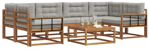 vidaXL Outdoor-Sofagarnitur mit Kissen 7 pcs Natürlich und Hellgrau, Modernes Outdoor-Sofaset, langlebige Gartenmöbel für Patio, Poolbereich, Hinterhof-Couch und modulares Sofa.