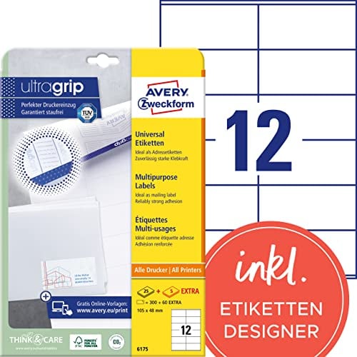 AVERY Zweckform 6175 Adressaufkleber (300 plus 60 Klebeetiketten extra, 105x48mm auf A4, Papier matt, bedruckbare Absenderetiketten, selbstklebende Adressetiketten mit ultragrip) 30 Blatt, weiß